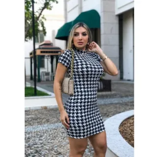 Vestido Canelado Manga Curta Gola Alta Feminino PIED DE POULE - Pied Poule