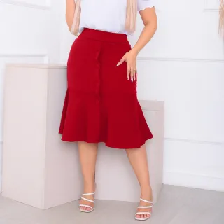 Moda Evangélica Saia Crepe Premium Babado 4 Botões Bolso - Marsala