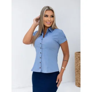Moda Evangélica | Moda Feminina | Moda Secretária - Camisete Tons de Jeans Manga Curta - Jeans Médio