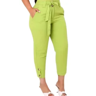 Cintura Alta Calça Jogger Feminina em Linho - Verde Bandeira