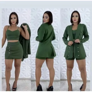 Blazer Cropped e Short Saia Neoprene - Conjunto 3 Peças - XADREZ BRANCO