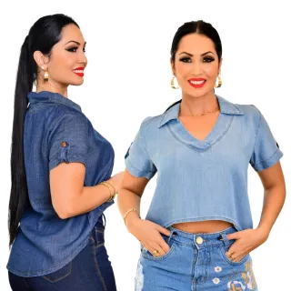 Mullet cropped jeans manga curta - tampa bumbum - JEANS CLARO