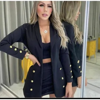 Blazer Cropped e Short Saia Neoprene - Conjunto 3 Peças - XADREZ BRANCO