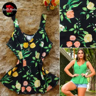 Blusa feminina de viscose estampada com alça grossa - Modelo Verão 2 - Rosa (Estampada)