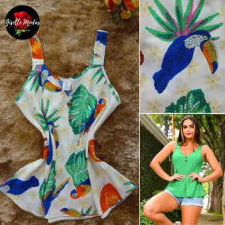 Blusa feminina de viscose estampada com alça grossa - Modelo Verão 2 - Rosa (Estampada)