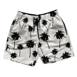 Moda Praia Tactel Masculino com Bolsos - Estampas Variadas - Preto Coqueiro