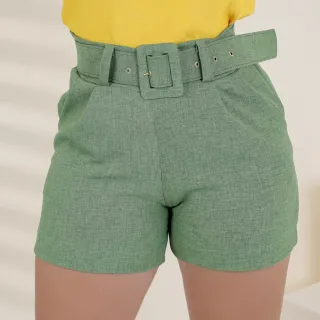 Short Verão Cintura Alta Linho Strecht Alfaiataria Com Cinto - Vermelho