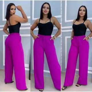 Moda Blogueira Calça Pantalona Feminina em Várias Cores - Preto