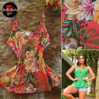 Blusa feminina de viscose estampada com alça grossa - Modelo Verão 2 - Rosa (Estampada)