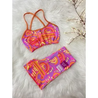 Top de alcinha cruzada sem bojo com Conjunto Fitness short - onça rosa/amarelo