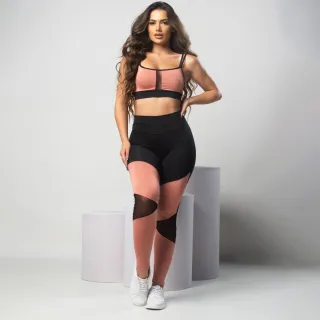 Conjunto Fitness Calça Legging de Tule e Top com Detalhe em Tule - Rose