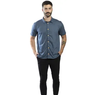 Camisa Manga Curta Slim Masculina Estonada - Homem Moderno Sustentável - Azul