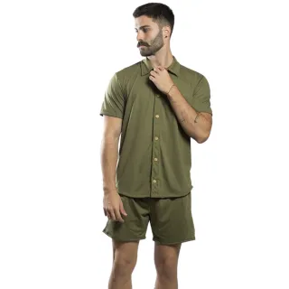 Modelagem Slim Camisa de Botão + Shorts de Malha Sustentável para o Homem Moderno - Branco