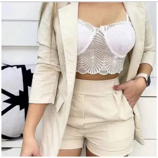 Linho blazer shorts conjunto 2 peças - Pink