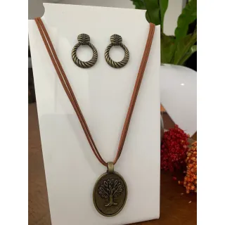 Moda Afro Feminino - Conjunto Triplo Colar Couro e Brincos Vintage Etnico - Mod 4