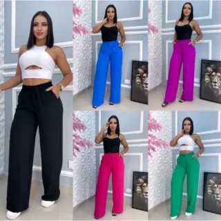 Moda Blogueira Calça Pantalona Feminina em Várias Cores - Preto