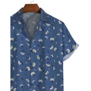 Flor Azul Botão Camisa Floral Branca - Tamanho personalizado