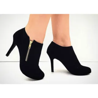 Bota Salto 9 cm Melf Shoes Feminina Nobuck Preto Ziper Ouro - PRETO SALTO GROSSO