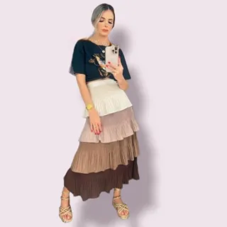 Marrom Saia Feminina Plissada Degrade Camadas Quatro - P