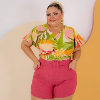 Short Verão Cintura Alta Linho Strecht Alfaiataria Com Cinto - Vermelho