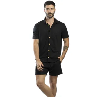 Moda Praia Masculino: Conjunto Slim Camisa de Botão + Shorts Curto - Branco