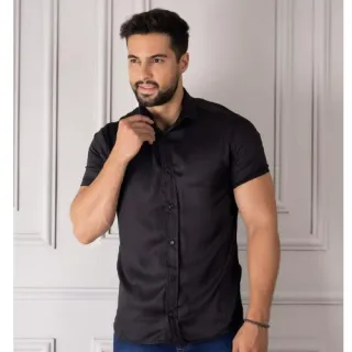 Acetinada curta manga camisa - roupas online Raryel - Azul Royal