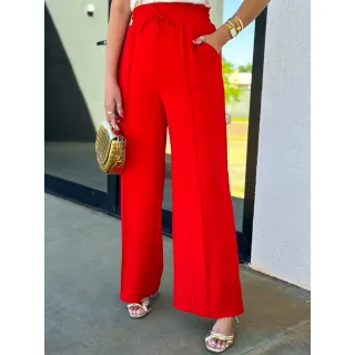 Calça Feminina Pantalona de Tecido Duna com Cintura Alta e Elastex - Rosa