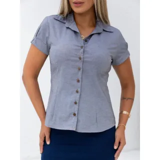 Moda Evangélica | Moda Feminina | Moda Secretária - Camisete Tons de Jeans Manga Curta - Jeans Médio