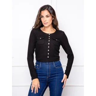 Cardigan com botões e bolso, blusa manga longa de malha - M2734 - Marrom