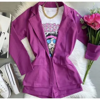 Linho blazer shorts conjunto 2 peças - Pink
