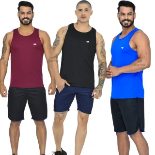 Kit Fitness Masculino: 3 Camisetas Regata Dry Fit Long Premium - 1 Marinho - 1 Verde - 1 Royal