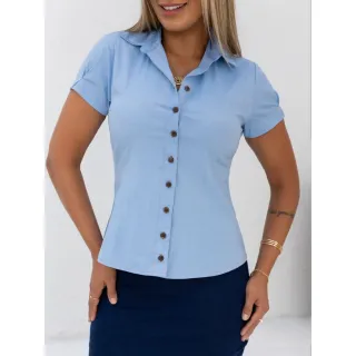 Moda Evangélica | Moda Feminina | Moda Secretária - Camisete Tons de Jeans Manga Curta - Jeans Médio
