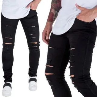 Calça Masculina Preta Skinny com Lycra - Estilo e Conforto para Homens Modernos - jeans claro rasgado