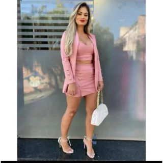 Blazer Cropped e Short Saia Neoprene - Conjunto 3 Peças - XADREZ BRANCO