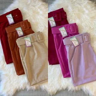 Short Verão Cintura Alta Linho Strecht Alfaiataria Com Cinto - Vermelho