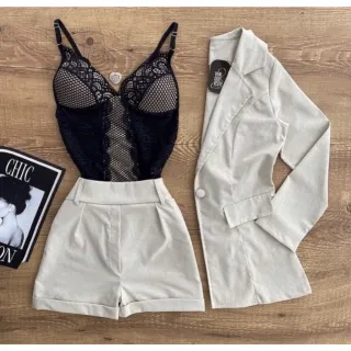 Linho blazer shorts conjunto 2 peças - Pink