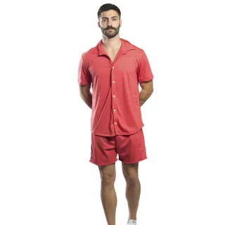Moda Praia Masculino: Conjunto Slim Camisa de Botão + Shorts Curto - Branco