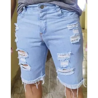 Promoção Bermuda Jeans Masculina Rasgada Lisa - Enviamos hoje - Jeans Liso Claro
