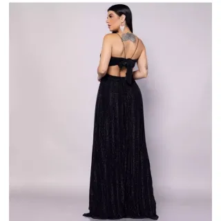 Formaturas convidadas: Vestido longo preto com brilho lurex para festa coquetel - Preto