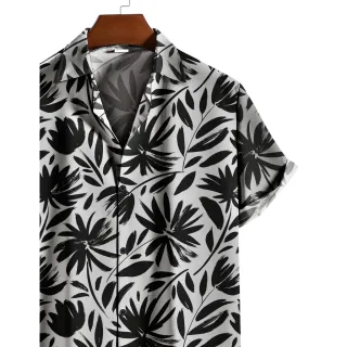 Camisa estilo pincel preta e branca com flores de crisântemo primavera - M