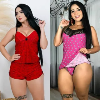 Camisola Feminina Sensual Kit 2 com Calcinha Fio/Short Doll - Raryel - 03