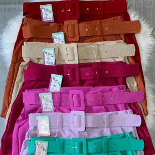 Short Verão Cintura Alta Linho Strecht Alfaiataria Com Cinto - Vermelho