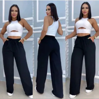 Moda Blogueira Calça Pantalona Feminina em Várias Cores - Preto