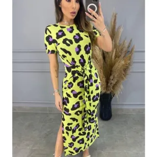 Vestido Longo Animal Print Feminino Midi - Estampado Onça Liso - - Lima c/ Lilas 2