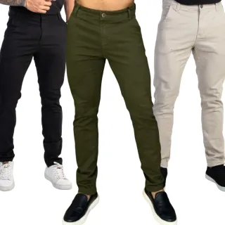 Calças Masculinas de Sarja Esporte Fino Kit com 3 Unidades - 1 MARINHO +1 CAQUI +1 VERDE