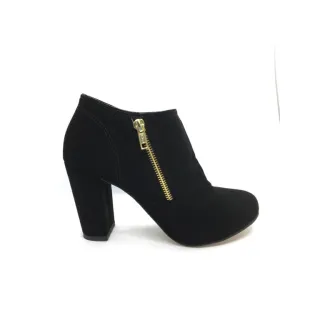 Bota Salto 9 cm Melf Shoes Feminina Nobuck Preto Ziper Ouro - PRETO SALTO GROSSO