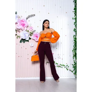 Malha Crepe Calça Social Flare Cintura Alta - Vinho