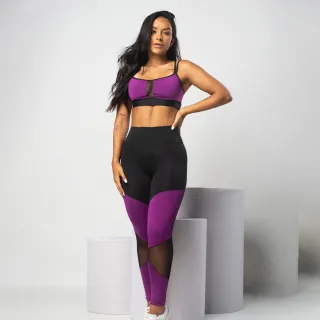 Conjunto Fitness Calça Legging de Tule e Top com Detalhe em Tule - Rose