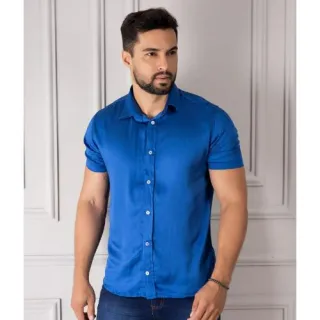 Acetinada curta manga camisa - roupas online Raryel - Azul Royal
