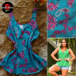 Blusa feminina de viscose estampada com alça grossa - Modelo Verão 2 - Rosa (Estampada)